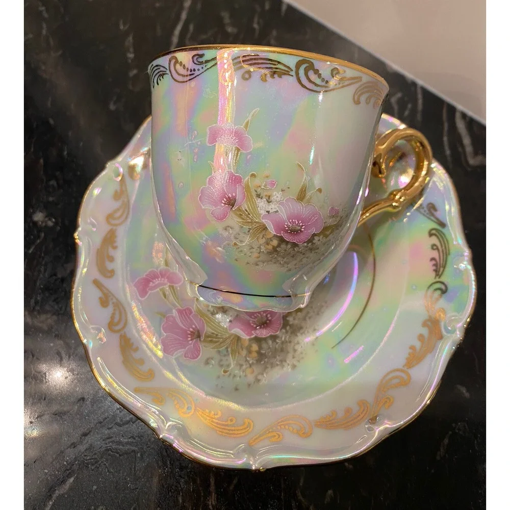 Vintage Bohemian Translucent Czechoslovakia Hand Painted Cup & Saucer
